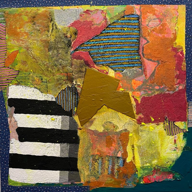Collage with colorful and patterned patches. Dominant colors are different tones of yellow. A blue line with mini polka dots frames the majority of the composition.