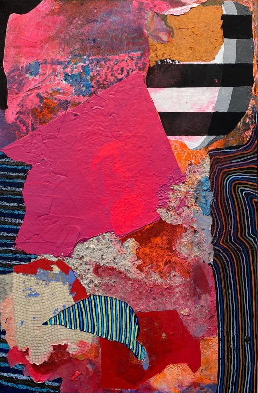 Collage with colorful and patterned patches. Dominant colors are different tones of pink. Dominant pattern is wide and narrow stripes.