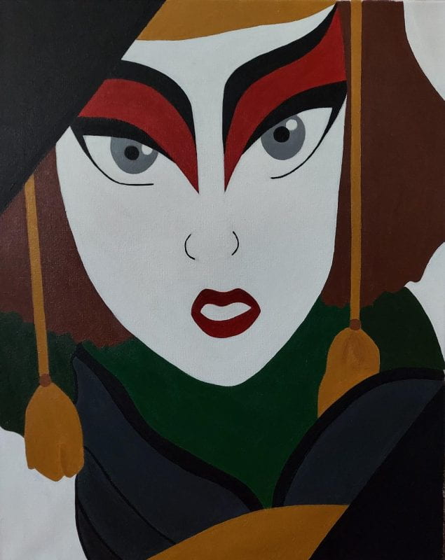 An acrylic painting of the character Suki from avatar, this is a close up portrait of a person with grey eyes, maroon masquera and maroon lipstick. they have a green scarf and blue outfit