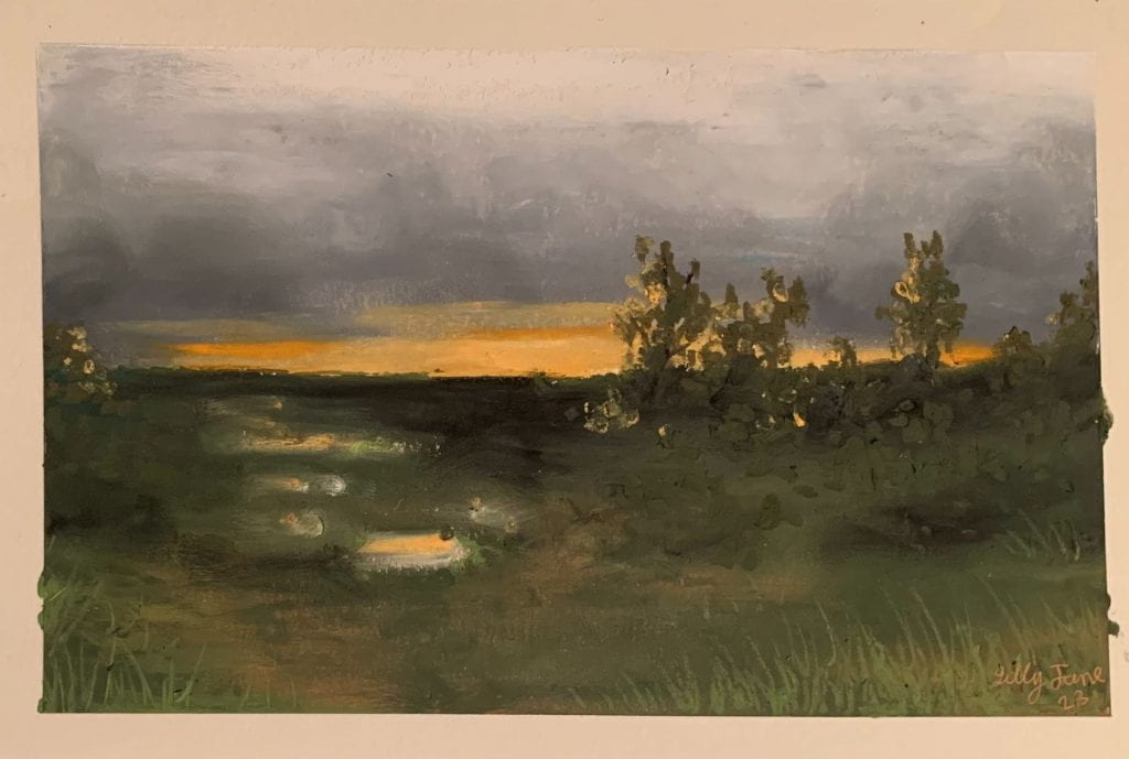 An orange sunrise is seen on the horizon over a grassy field. Most of the sky is dark gray, but a few puddles reflect the orange glow.