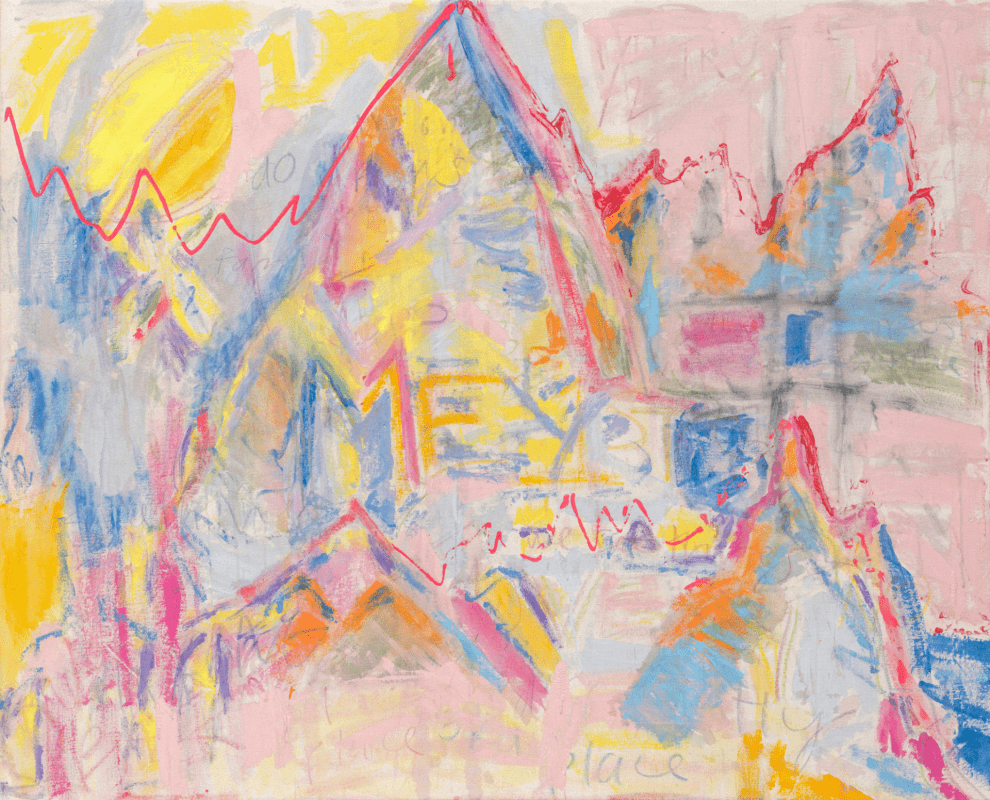 Bright pink and yellow, some grey and some strokes of blue and red compose an abstract piece. Parts of ineligible words float around.