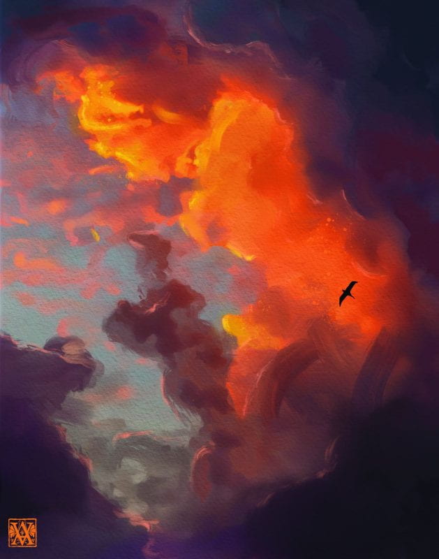 A small bird flying in a firy red cloudy sky.