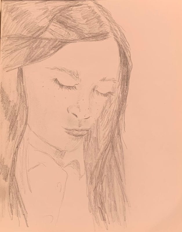 Sketch of a child looking downward with long dark hair.