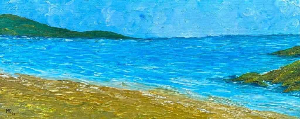 A plethora of textured short strokes creates loose forms of a sandy beach; the sea reaching the horizon and a light blue sky above; some parts of green land engulfing the water.