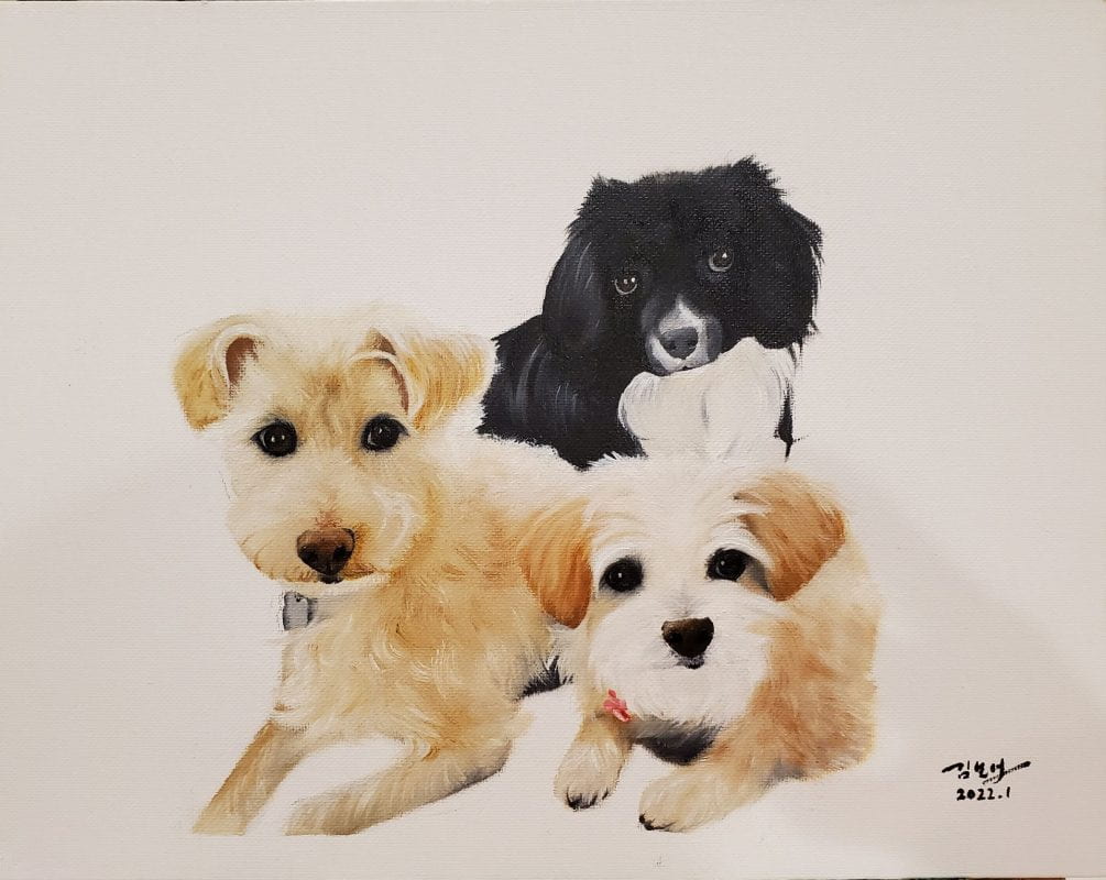 Painting of three puppies - one a black-and-white tuxedo with floppy ears, one pale brown with a visible tag, and one with brown ears and a white face. All have big dark eyes.