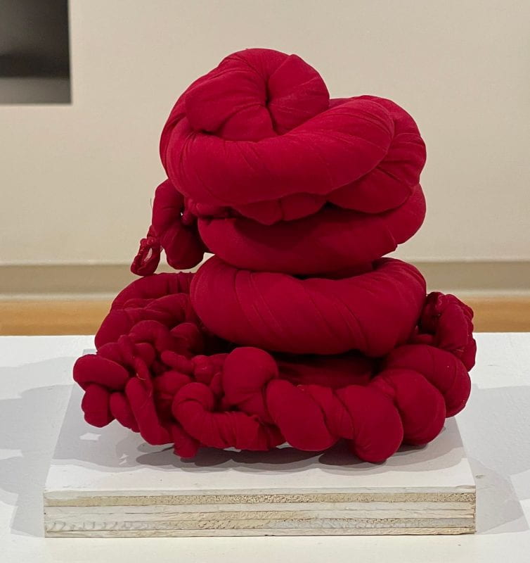 An abstract sculpture made with red silk, twisted tightly and coiled upon itself.
