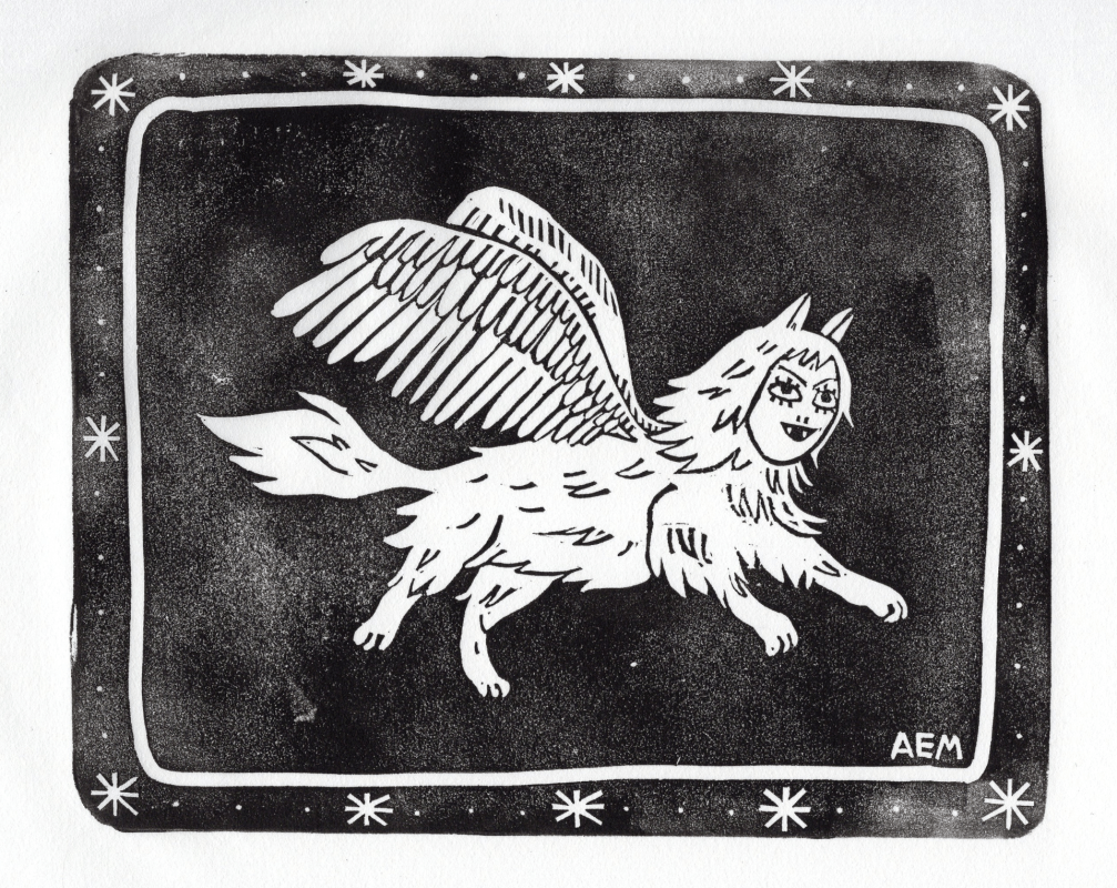 A sphinx flying through a dark night sky with a starry border.