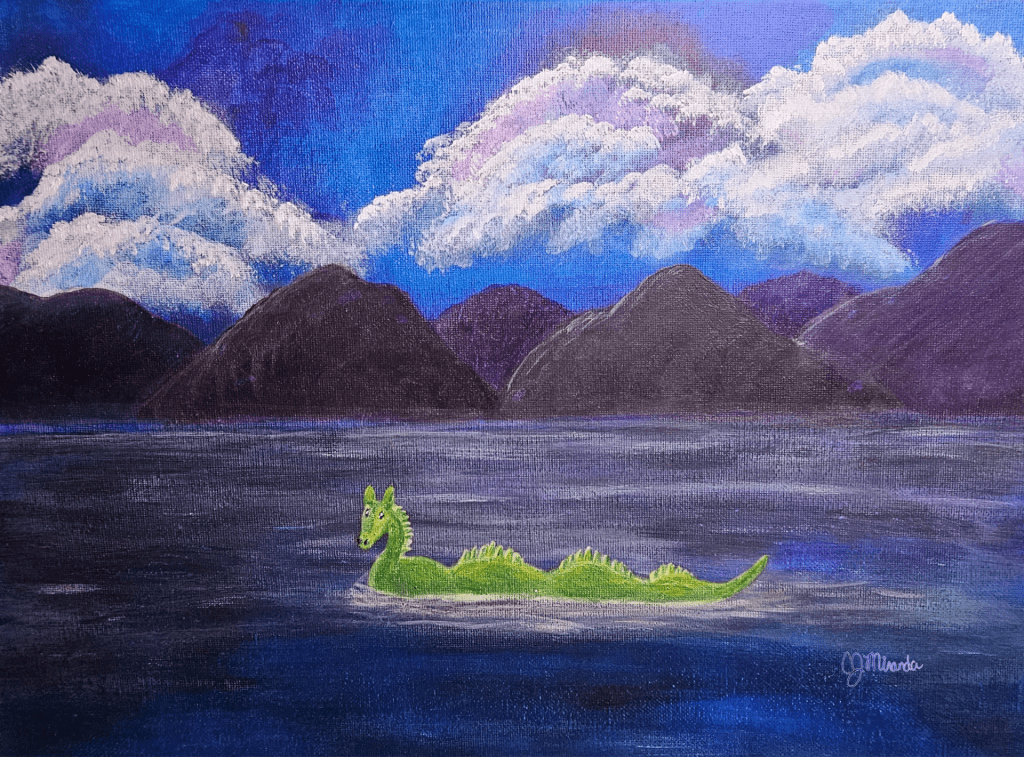 Purple mountains under white puffy clouds in a deep blue sky, with a lake and the Loch Ness monster swimming in the foreground.