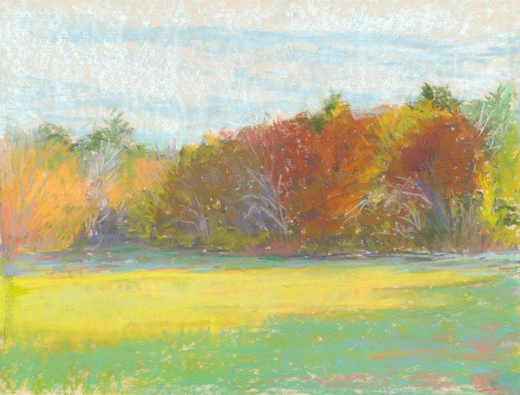 A colorful green field in yellow light with a row of autumnal colored trees behind it.