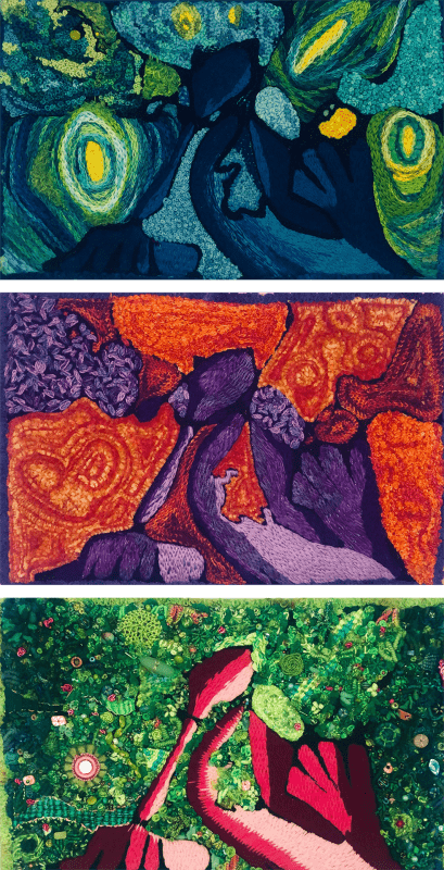Three separate embroidered panels using the same design but different colors and stiches, mainly blues, greens, and purples.