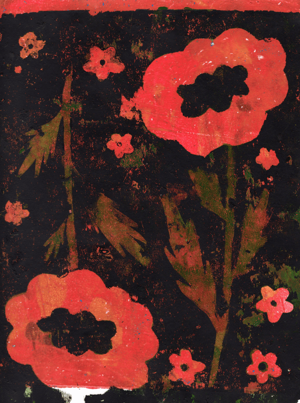 Bright red poppies and smaller flowers on a black background.