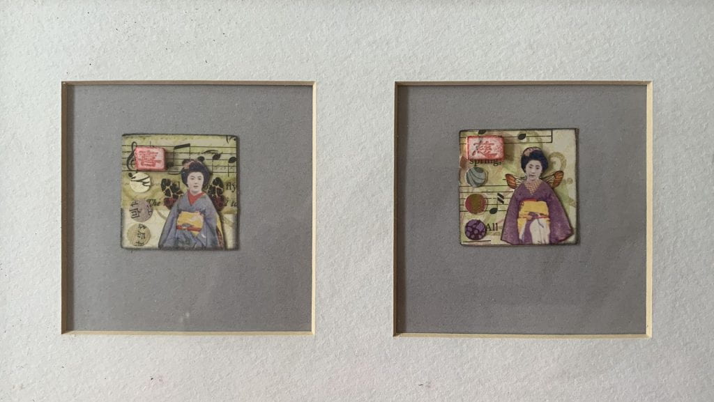 Two tiny, square, side by side portraits of Geishas with wings, the background made with layers collaged paper.