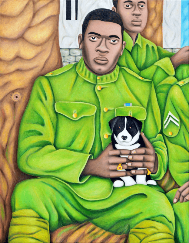 Painting of a black soldier sitting beside a tree, wearing a bright green army uniform and holding a black and white puppy.