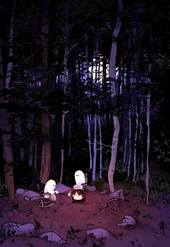 A cute and spooky scene showing two ghosts roasting s'mores in a campfire. Behind them are tall trees, a dark forest, and a bright full moon.