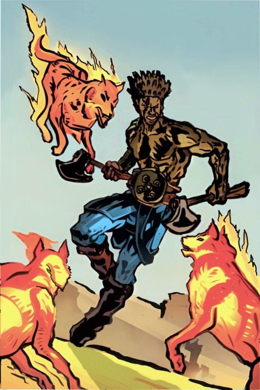 A black barbarian armed with two axes prepares to fight a pack of fire wolves.