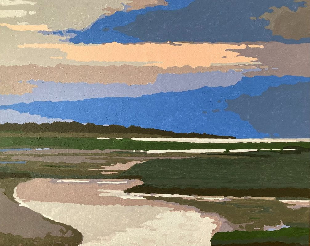 Textured brushstrokes of green, brown, grey, beige and cream form a marsh which reaches till the horizon. Above the colors of the sky alternate between azure, steel blue, beige, grey and light orange.