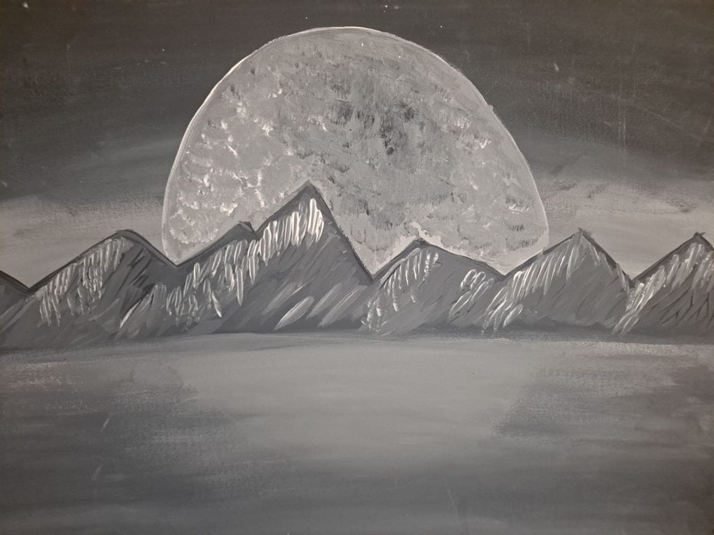 Black and white painting of a line of mountains, between a magnificent moon and still lake, with distinctive brushstrokes of black, white, and grey.