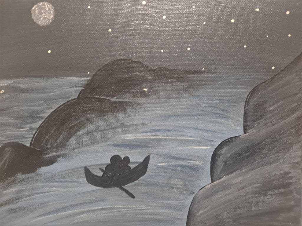 Pale blue and grey brushstrokes create a scene of mountains, nighttime sky, and a river by the sea. Two small black figures embrace on a boat on the river.