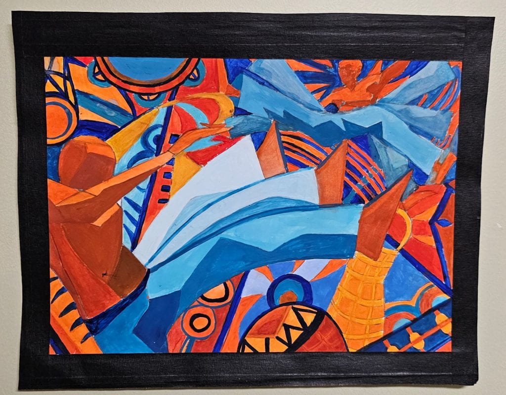 An abstract in oranges and blues, full of triangles and circles. The design evokes tambourines and drums, as well as a dancer bringing their leg around in a high leap.