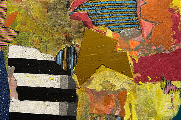 Collage with colorful and patterned patches. Dominant colors are different tones of yellow. A blue line with mini polka dots frames the majority of the composition.  