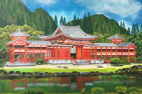 Painting of the Byodo-In temple in O'ahu. The red temple, with Japanese-style roofs and decorations, is reflected in a still pond.