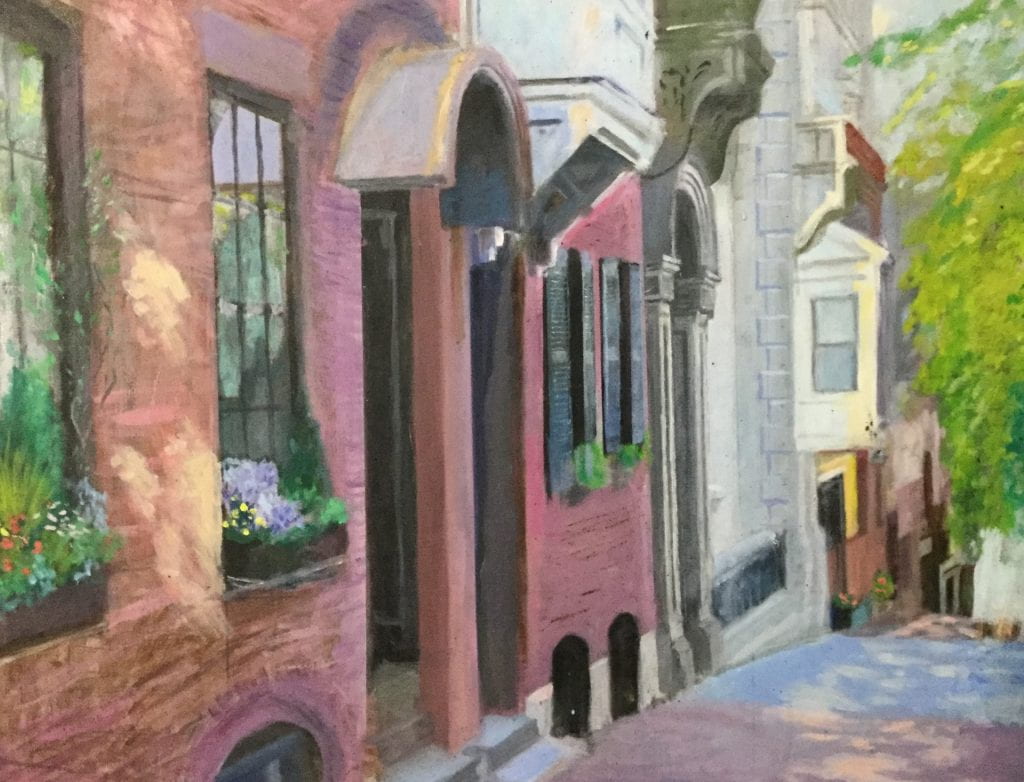 a painting of a beacon hill street featuring the entrway of a brick buildings with different architectural features.