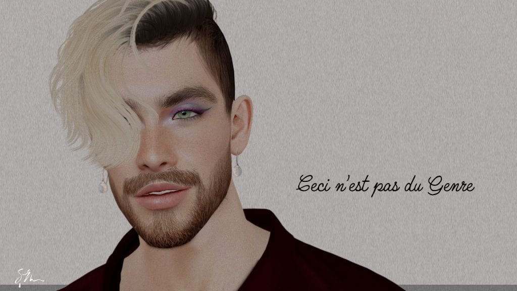 An individual with a beard, multi-colored eyeshadow, ombre-blonde hair covering part of their face, and pearl earrings, holding a pensive gaze toward something beyond the frame of the image. French text that reads "Ceci n'est pas du Genre."