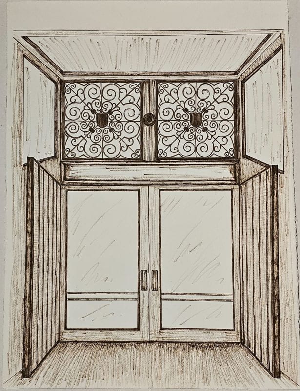 A double glass door with its exterior solid panels open. Its transom has twin metal designs of curvy lines like mandala and the center of each is decorated by a mini shield.