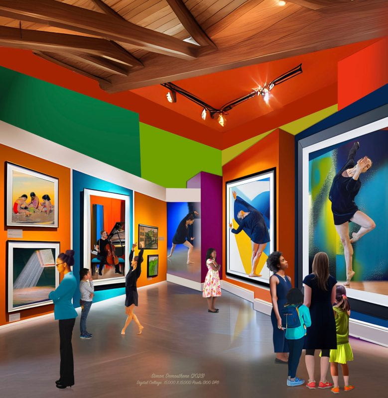 Corner of a colorful gallery hall with a few women and children enjoying the art. A ballet dancer is watched by a child as she performs with her hands in the air. Gallery exhibitions include: a photo of a window with numerous taut strings mimicking rays of light coming in. A painting of three girls playing with sand on a beach. Two hardly visible paintings of buildings and natural landscapes. Photos of the same ballet dancer who is present in the hall in different dance poses. And a photo of the cellist with his instrument who played during the performance from which the photos are from.