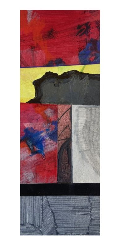 An abstract work in yellow, red, blue, black and gray. The piece is made up of four main parts stacked one on top of the other in a way that might evoke a comic strip (one without figurative objects)