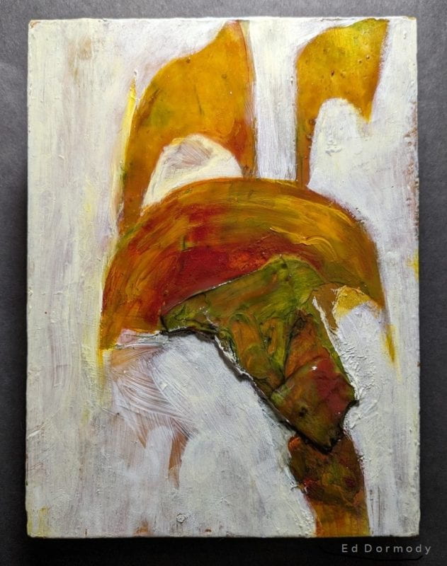 An abstract, heavily textured oil painting with layers of thick brush strokes. In a field of mottled white, an organic funnel shape in mixed orange, red, and green appears at center, the narrowest part at bottom right, and the trumpet-like bell at center. Two smaller trumpet shapes in lighter orange emerge from it at top, facing right.