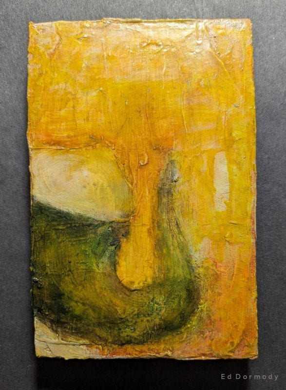 An abstract, heavily textured oil painting. Against a mottled yellow and orange field, an earthy green funnel shape appears at lower left, with a yellow-white opening at top. Its bottom narrows and curls behind it in the distance at center.