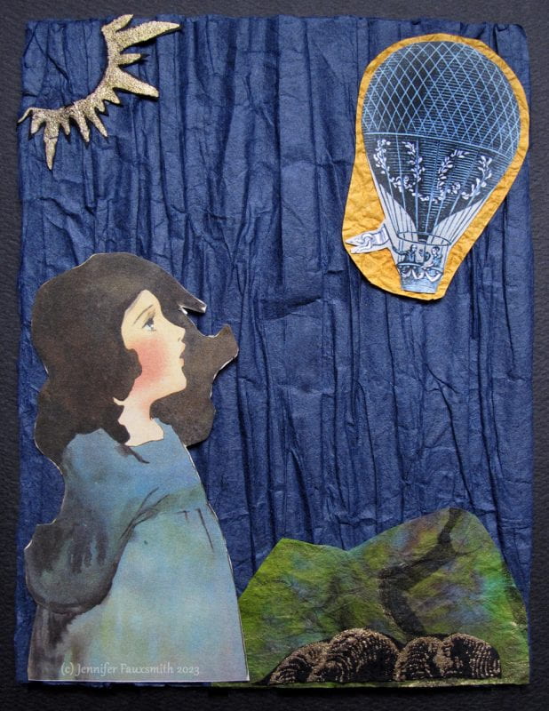 Paper collage on a dark blue background, with a young girl in the bottom left corner, marbled paper mountains in the bottom right corner, a gold sun in the top left corner, and a hot air balloon in the top right corner.