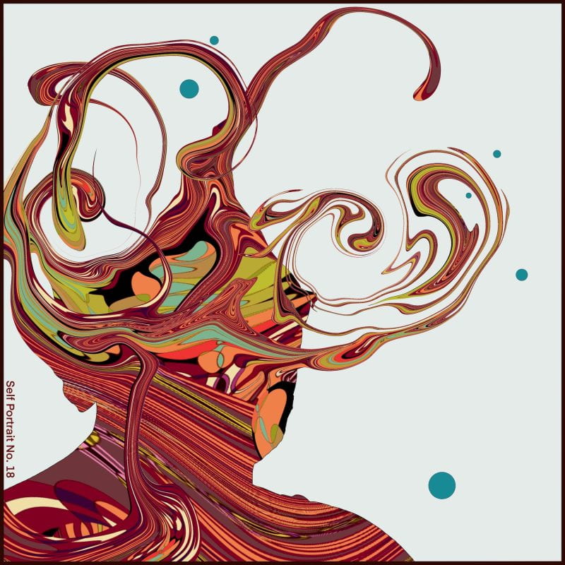 Multi layered psychedelic digital painting of the silhouette of artist's headshot manipulated to look like swirling tentacles emitting from the head.