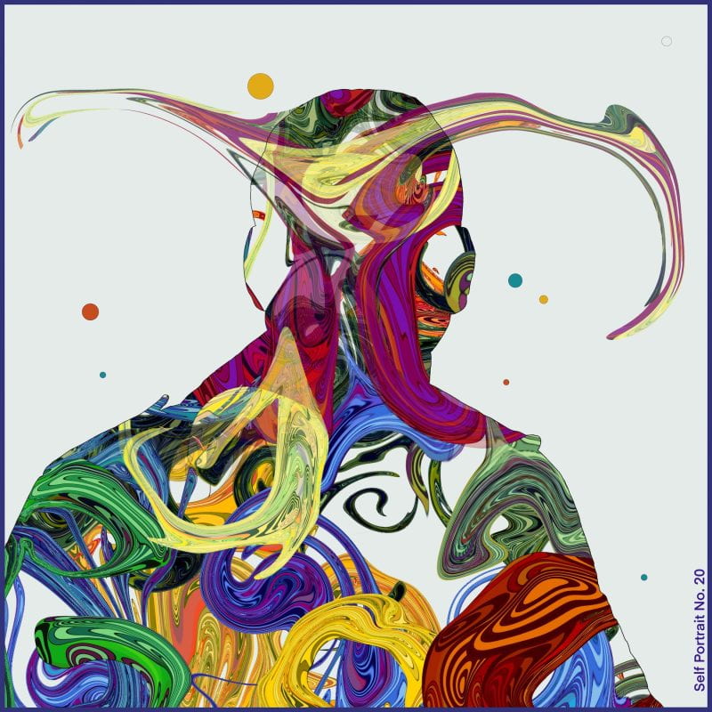 Multi layered psychedelic digital painting of the silhouette of artist's upper body manipulated to look like two tentacles emitting from the head.
