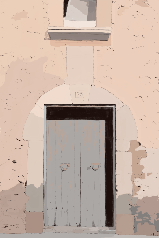 Digital drawing of old door in a orange-brown stucco building. Above the door is the number 25 and a window.