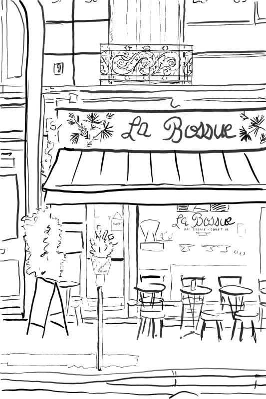 Black and white digital drawing of a cafe, named "La Bossue". Chairs and tables sit outside underneath the cafe's awning, and the building above has a wrought iron balcony.