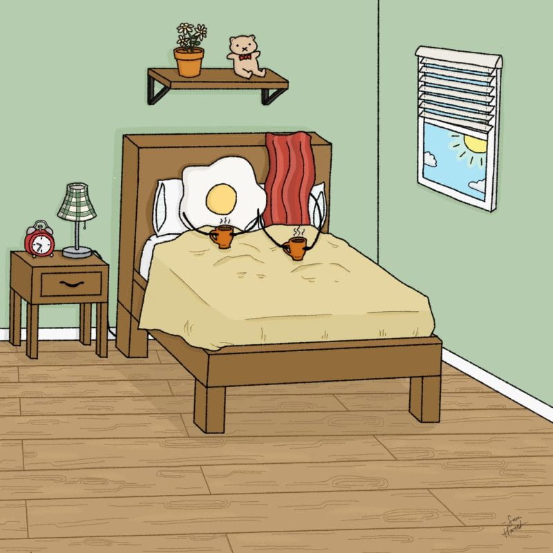 A cozy drawing of a couple happily having coffee together in bed, with the sun shining outside. The couple is a piece of bacon and a fried egg.