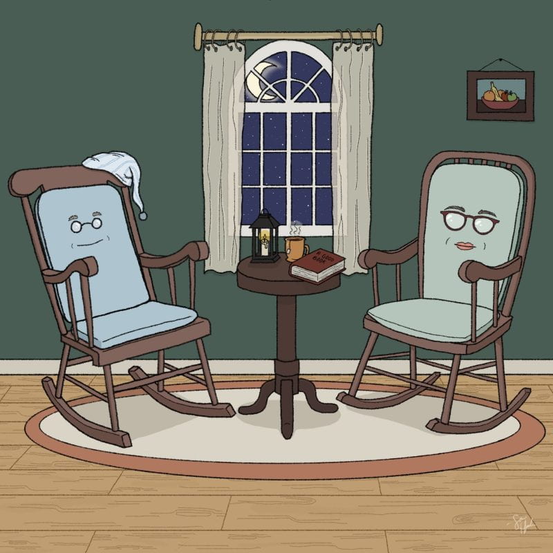Two rocking chairs, each with a cartoon face, resting happily at the end of the day. The moon shines in through the window on a small table with a candle, mug of tea, and book titled "A Good Book". One chair has a nightcap on its back slats; both faces wear glasses.