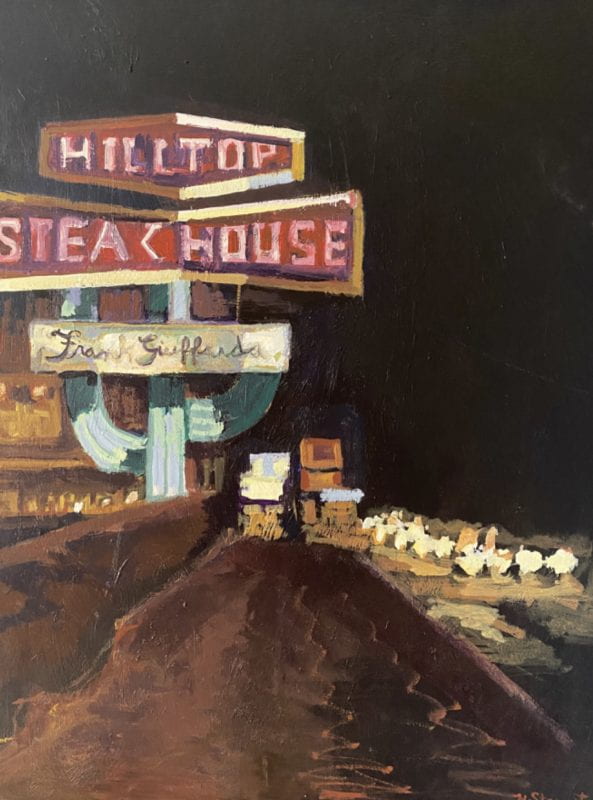A large neon sign reads "Hilltop Steakhouse". Headlines from cars at night are seen abstractly at right.