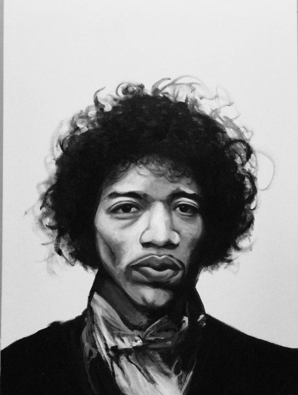 Black and white portrait of Jimi Hendrix, from the collarbone up. He wears a white cloth tied around his neck, his expression is neutral, and his dark hair looks almost like a halo.