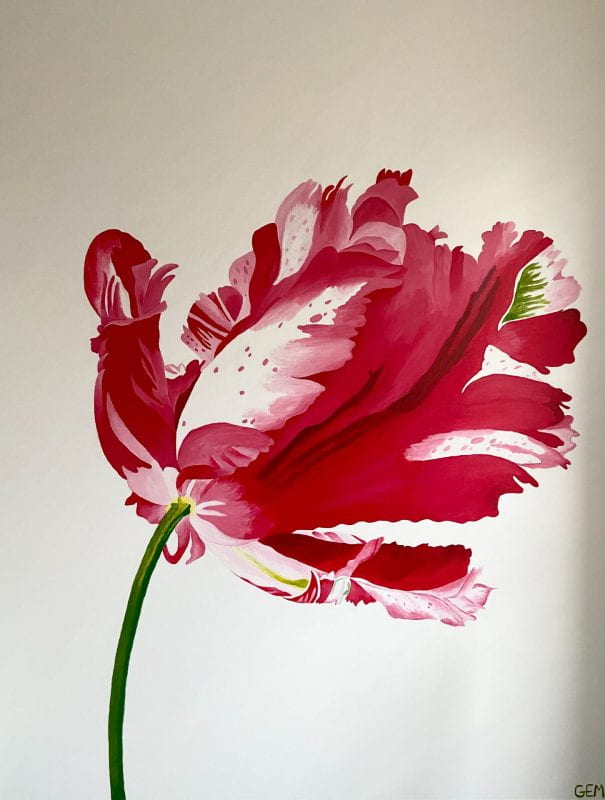 This painting depicts a large red tulip with large petals that are ruffled at the ends. The tulip has a tall green stem and is positioned in the center of the canvas. The background of this painting is white.