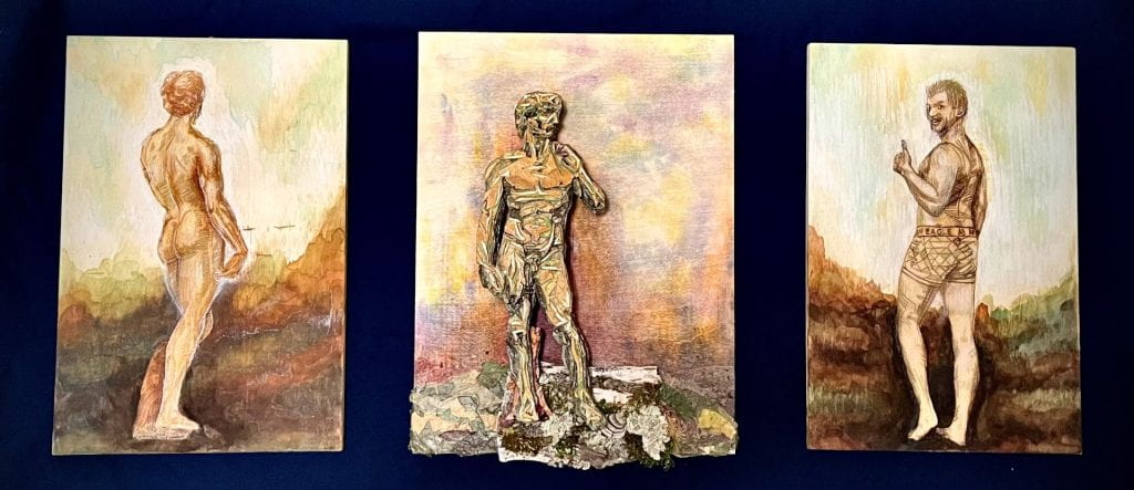 Three panels, each showing a standing male figure. Two are interpretations of Michelangelo's David, the first in earth tone pigments and the second collaged from leaves. The third is an earth tone pigment sketch of a friend named David in a similar pose to Michelangelo's, but giving a thumbs up and smiling at the viewer over his shoulder.