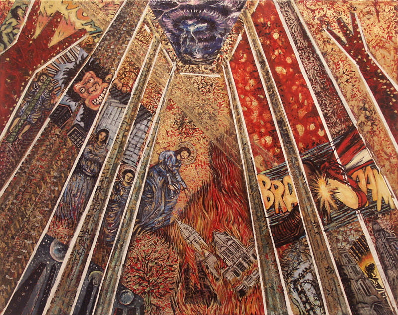 Vertical narrow panels of Christian figures, of a city under attack by a Godzilla, of an explosion, of fire, of trees with dark red trunks and golden leaves. The panels seem to form a structured corner (reminiscing a sanctuary) on the roof of which is an image of a hurricane and lightning. Dominant colors are yellow-gold and red.