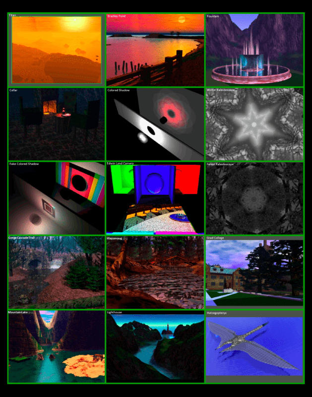 Digital renderings of imagined and remembered scenes, created using Bryce software. The scenes look like they are scenery of a videogame, are 15 in total and they show: Titan, Bradley Point, Fountain, Cellar, Colored Shadow, Winter Kaleidoscope, Fake Colored Shadow, Edwin Land Camera, Forest Kaleidoscope, Gorge Cascade Trail, Wepawaug, Grad College, Mountain Lake, Lighthouse, Hatzegopteryx.