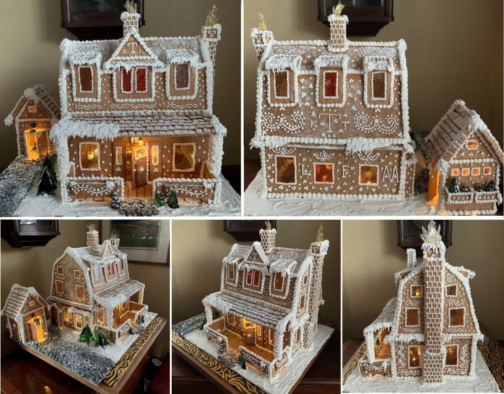 Collage of five photos showing the different facades of the gingerbread house. House and shed have lights that are lit. With the exception of lighting, everything is completely edible and was handmade with gingerbread, royal icing, sugar glass windows, chocolate pebble driveway and walkways. Indoor decorative holiday trees and outdoor pine trees are made of sugar, snow is made of royal icing and sugar, and chimney smoke is made of sugar glass. The letters K, T, L, F, M (probably initials of family names) are formed with icing in different parts of the house.
