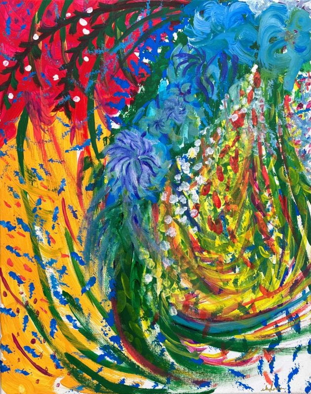 Blue and green brushstrokes resemble flowers on a busy, abstract background of red, orange, and yellow.