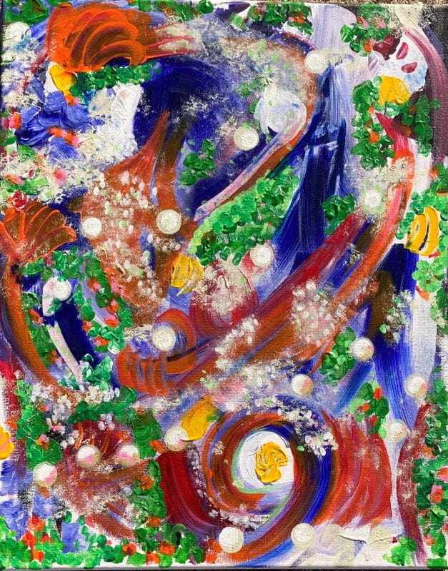Abstract composition of swirling dark blue, green, yellow, red, and white.
