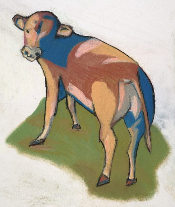 A drawing of a young, colorful cow looking at the viewer while standing on a patch of grass.