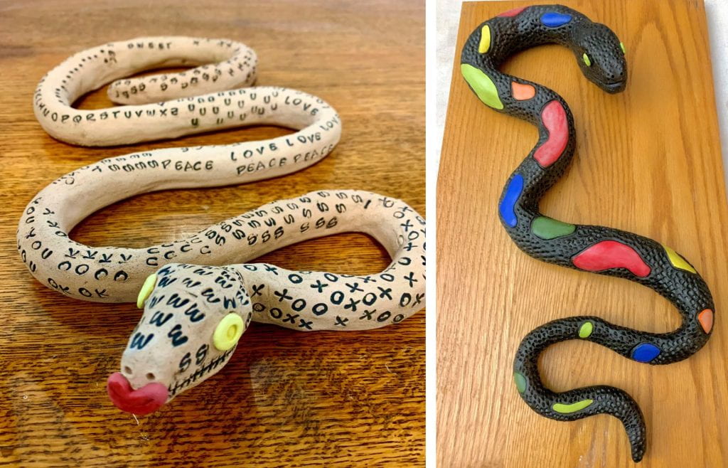 Collage of two snakes. On the left, stoneware clay sculpted into a realistic body of a snake, sweet words are stamped into the clay snake body & the snake has sweet kissy red lips and yellow eyes. It is unglazed. On right, stoneware clay that I sculpted into a realistic body of a snake, and includes colorful spots along the snake body, with snakeskin texture that I created with a stainless steel spatula.